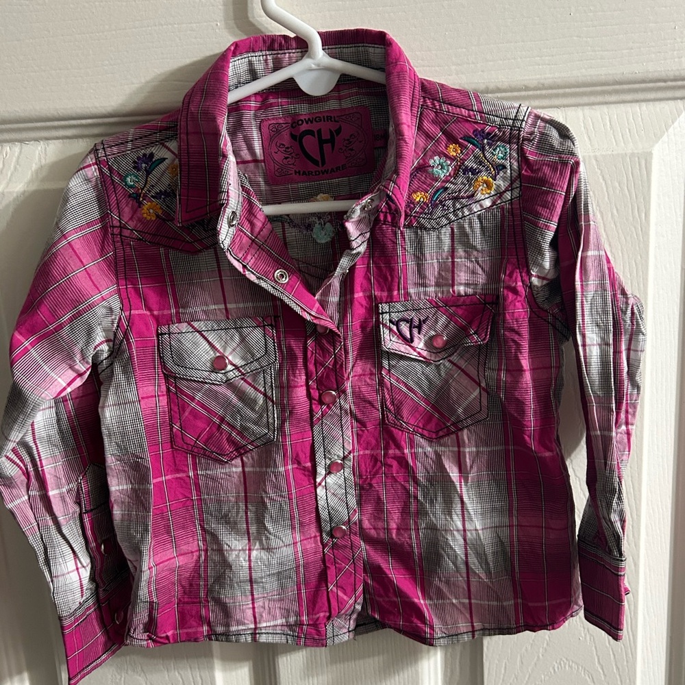 Cowgirl Hardware Pink Plaid Embroidered Button Down Shirt. Size 12-18 months.